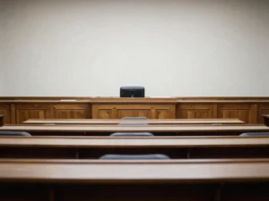 Wide shot of an empty Senate chamber, focus on the dais and architectural details, neutral daylight, crisp shadows.